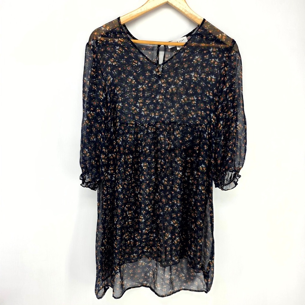 Amour Vert Floral Tunic Women XS Black Sheer Babydoll High Low V-Neck Blouse